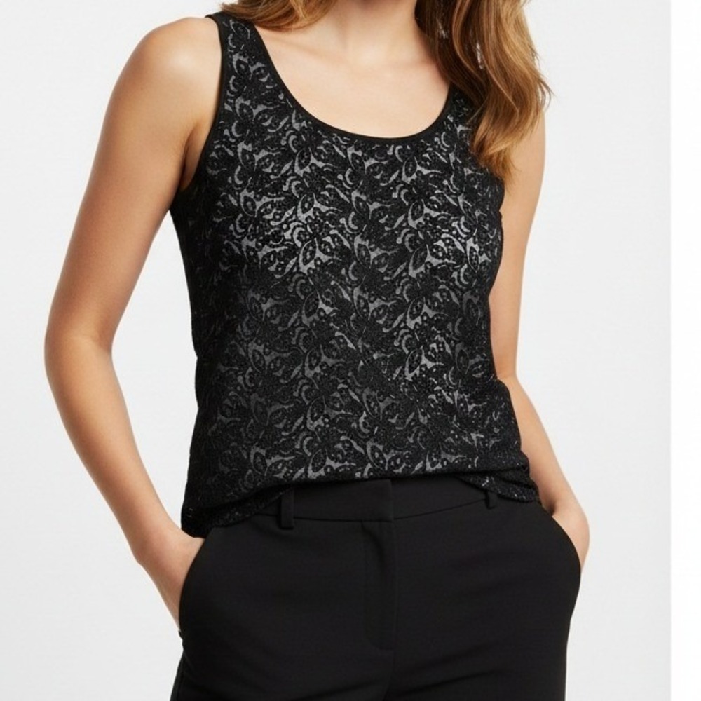 Ann Taylor Womens Tank Top Black Floral Lace Embroidered Cotton Blend Small S